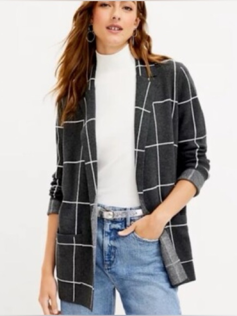 LOFT windowpane plaid knit sweater blazer in gray size medium